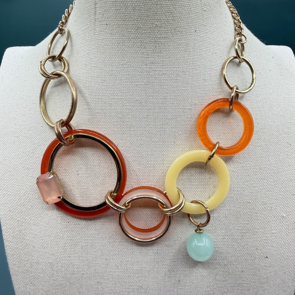 Gold Tone Multicolor Resin Ring Link Statement Necklace Pink Aqua Orange Boho
